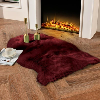 Burgundy Sheepskin Throw Rug 2x3 ft, Fluffy Shag Faux Fur Seat Chair Covers Non  - Image 1 of 4