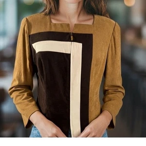 Koret Damen Kunstleder Farbblock Blazer Jacke 10P braun hellbraun Reißverschluss vorne gebraucht, in einwandfreiem Zustand - Bild 1 von 10