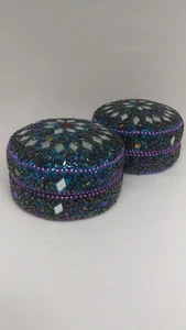 Handmade Rhinestone Beads Embellished Travel Tins EMPTY blue/purple/mirror RARE - Picture 1 of 11