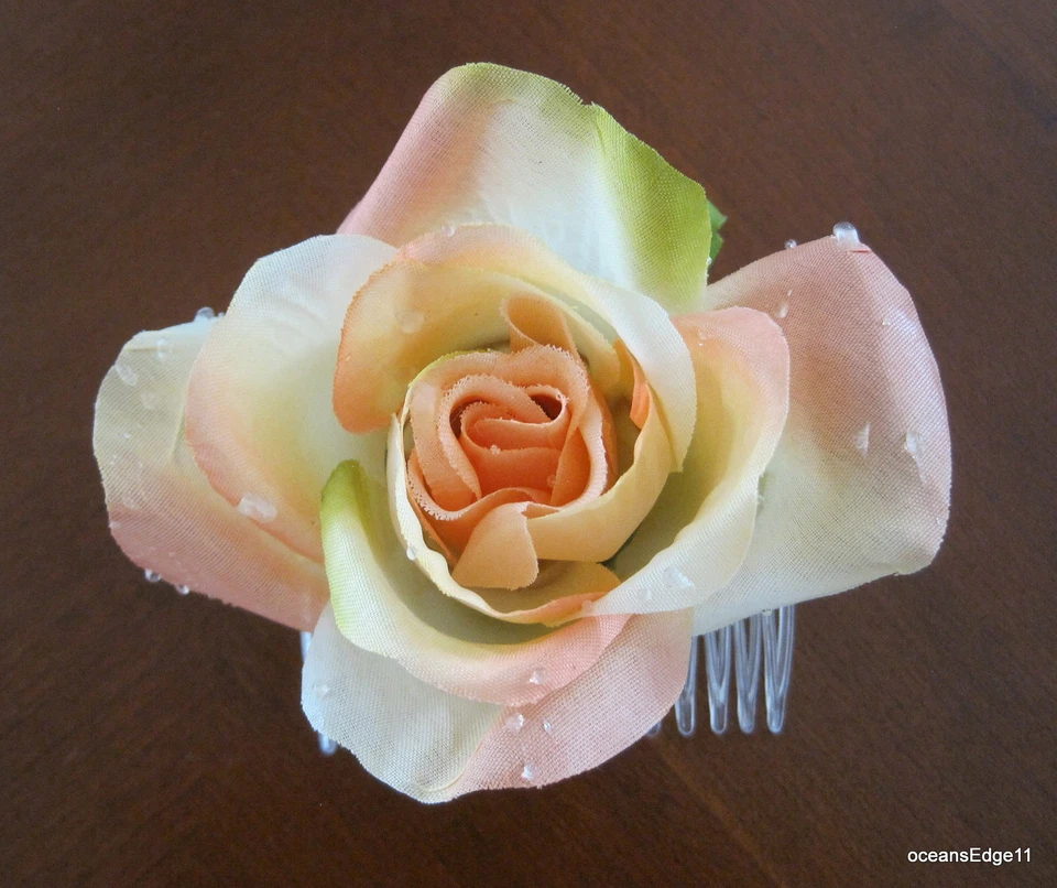 3" Peach,Cream Dewdrop Silk Rose Flower Hair Comb,Pin Up,Updo,Rockabilly - Image 1 of 1
