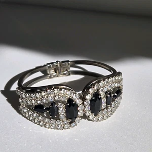 Vtg Julianna DeLizza Style Clamper Bracelet Black & Clear Rhinestone 50s 60s - Picture 1 of 18