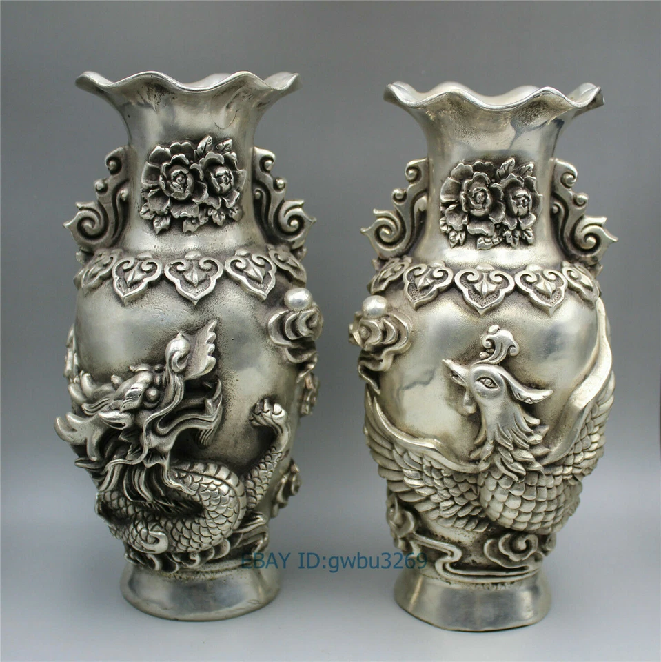 Collection old Tibet silver Vase Handwork carved dragon& Phoenix w Qianlong Mark - Image 1 of 4