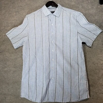 Bugatchi Shirt Mens Large Blue Striped Shaped Fit Linen Blend - Image 1 of 4