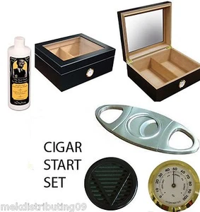 50ct Black Cigars Humidors Glass top Gift Set Cutter External Glass Hygrometer - Picture 1 of 6