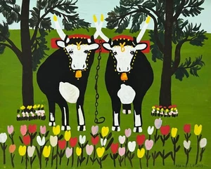 Maud Lewis (Handmade) Mixed Media Paper Painting Signed and Stamped - Bild 1 von 4
