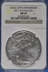 2011 W Burnished 1 OZ Silver American Eagle NGC MS 69 25th Anniversary - Picture 1 of 2