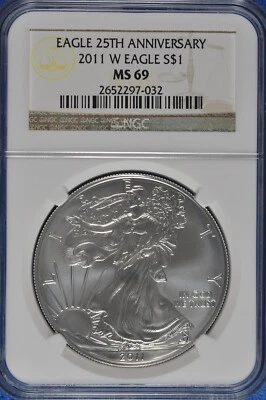 2011 W Burnished 1 OZ Silver American Eagle NGC MS 69 25th Anniversary - Image 1 of 2