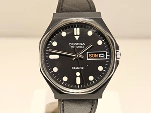 VINTAGE RARE MILITARY STYLE 34mm MEN'S BLACK PVD QUARTZ WATCH "DUGENA" DQ280 - Picture 1 of 11