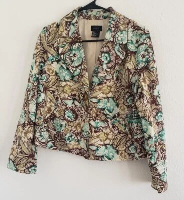 R.Q.T. Blue Brown Cream Floral Linen Rayon Blend Long Sleeve Blazer Jacket PM - Image 1 of 4