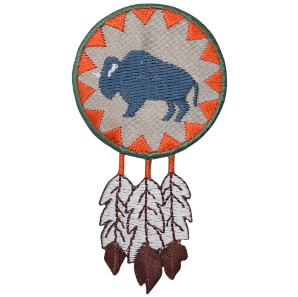 Buffalo Round With Feathers Applique Patch - Bison Dream Catcher Embroidered - Image 1 of 1