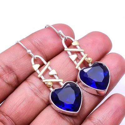 Pendiente de plata de ley 925 con zafiro azul (simulado) de dos tonos 2,18" E_9296_1779 Foto 1 de 4