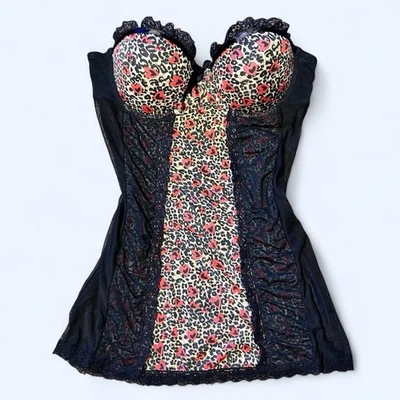 Black Animal Print Strapless Top Per Lei Sz L Bustier Push Up Padded - Image 1 of 4