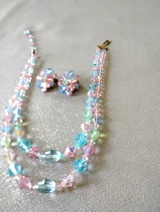 VTG Pastel Aurora Borealis 2 Strand Faceted Bead Crystal Necklace-Clip Ear Ring - Picture 1 of 5
