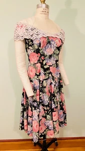 VTG 80s Lanz Floral Party Dress Pink Roses Blue Hydranges Cream Lace - Picture 1 of 6