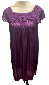 Women’s Purple Silky Shrt Slv Nghtgwn w/Embroidery Lace Floral Large L 41"Lx19"W - Picture 1 of 4