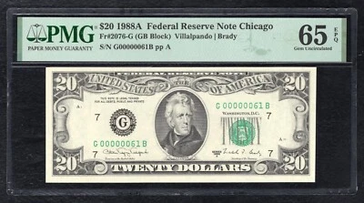 FR. 2076-G 1988-A $20 FRN CHICAGO,IL “LOW SERIAL #61” PMG GEM UNCIRCULATED-65EPQ - Image 1 of 2