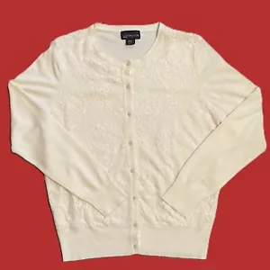WOMENS CARDIGAN SWEATER Large Petite WHITE Covington BUTTON UP Long Sleeves LACE - Picture 1 of 9