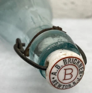 Antique Blue Tint AB Brickner Newton NJ Bottle w/K Hutter Porcelain Blob Top 9.5 - Picture 1 of 10