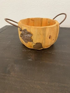 Pier 1 Fall Wooden Pumpkin Bowl w Metal Handles & Leaves 4.75” Tall X 9.5” Wide - Picture 1 of 6