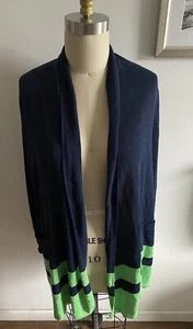 Ralph Lauren Linen Cardigan Navy, Lime Green Size Large Women’s Open, Pockets - Picture 1 of 5