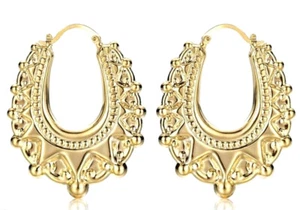 Gold Victorian Oval Gypsy Creole Large 50mm Big Hoop 18k Filled Earrings GF Gift - Picture 1 of 9