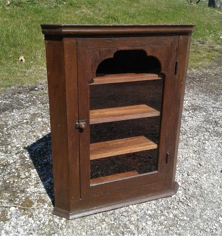 Antique Primitive Hanging Corner Cabinet w Alligator Brown Varnish 1860 Folk Art Cover
