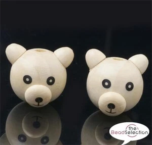 TEDDY BEAR HEAD WOODEN BEADS 28mm NATURAL WOOD LARGE 5mm HOLE W8 - Picture 1 of 6