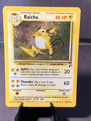 Pokémon TCG Raichu Base Set 2 Unlimited Holo Rare #16/130 VTG WOTC 1999 - Image 1 of 3