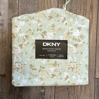 Juego de sábanas DKNY King verde menta beige blanco gris flores florales resistentes a las arrugas Foto 1 de 4