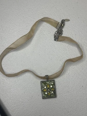 Chico's Floral Pendant Ribbon Necklace Green Yellow Rhinestone Enamel Adjustable - Image 1 of 3