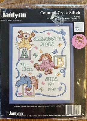 Sleepy Bunnies Birth Sampler Cross Stitch Kit Janlynn NIP 11x14 - Image 1 of 4