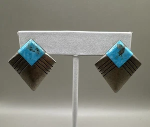 Vintage Sterling 925 Turquoise Silver Channel Geometric Stud Earrings (9.62g) - Picture 1 of 10
