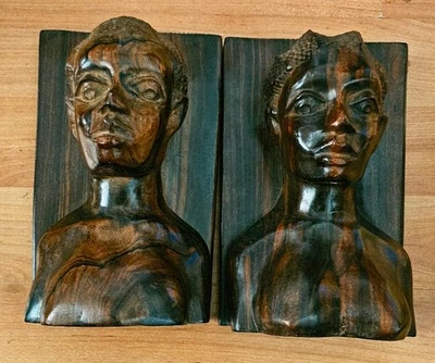 Hand Carved Ironwood / Ebony Wood Figural Male & Female Bookends, Vintage 9" - Image 1 of 4