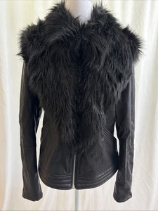 Chaqueta de cuero sintético negra vegana en blanco de Nueva York con cuello de piel sintética - Talla M - Para mujer - Imagen 1 de 11