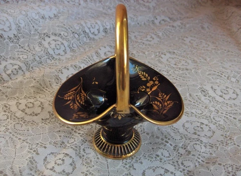 Vintage Ornate Cobalt Blue Porcelain Basket Gold Italy Cover