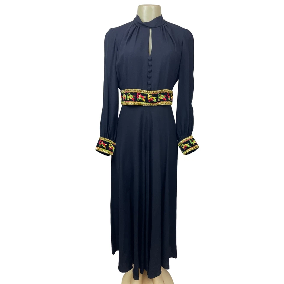 Vintage 1960s Ultra Wide Leg Women’s Black with Embroided Belt Jumpsuit Sz M - Image 1 of 4