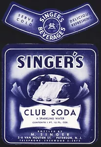 Vintage soda pop bottle label SINGERS CLUB SODA waterfall Paterson New Jersey - Picture 1 of 2