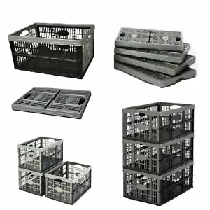 Plastic Flat Collapsible Storage Crates Boxes Stackable 32 ltr Black Grey Fold - Picture 1 of 8