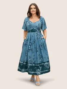 Bloomchic Boho Print Heart Neckline Ruffle Sleeve Maxi Dress - Cerulean - 10/M - Picture 1 of 2