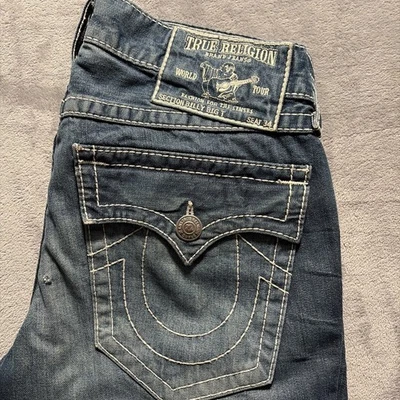 Pantalones de mezclilla True Religion Billy Big T para hombre azul oscuro lavado 34X31 desgastados Y2K Foto 1 de 4