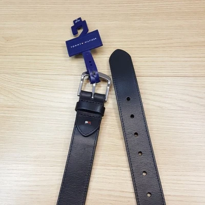 TOMMY HILFIGER 皮带男式 30 32 码小号黑色真皮银色扣 — 第 1/4 张图片