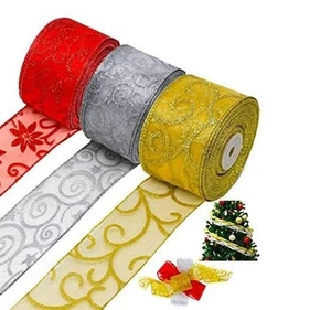 3 Color Rolls Christmas Ribbon Wired 2.75'', 100+ Yard Total,Sheer Glitter Swirl - Picture 1 of 6