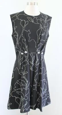 Vestido CARVEN Negro Blanco Abstracto Floral Joya Cuello Tachuelas Pintuck Plisado Talla 38 Foto 1 de 4