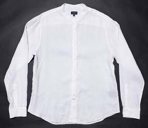 Club Monaco Linen Shirt Men's Large Slim Fit Band Collar Button-Up Solid White