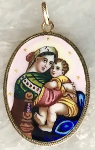 Antigua medalla colgante de oro de 14k pintada a mano de Santa Virgen Santa María Virgen esmalte - Imagen 1 de 9