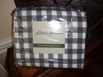 New Eddie Bauer Home Black/White Check Plaid Twin Flannel Duvet Cover Set 3pc - Image 1 of 4