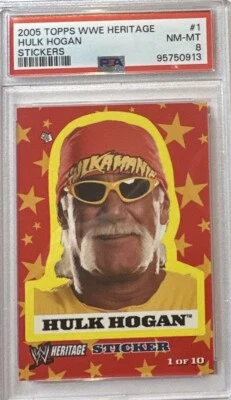 Pegatinas Topps WWE Heritage #1 2005 Hulk Hogan PSA 8 casi nuevo-como nuevo Pop 10 losa nueva rasgada Foto 1 de 2