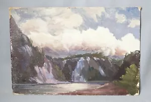 1960er Jahre sowjetisch-russisches Öl an Bord Gemälde Flusslandschaft Bergwolken - Bild 1 von 2