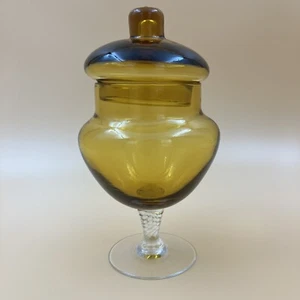 Italian Empoli Amber Clear Stem Glass Apothecary Jar w Lid - 8" Tall VTG - Picture 1 of 6