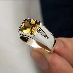 925 Sterling Silver Turkish Handmade Jewelry Citrine Men's Ring All Size - Picture 1 of 6